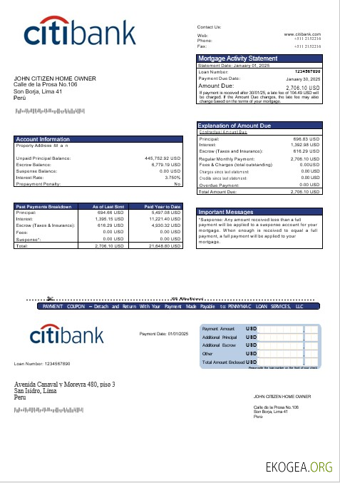 Relevé hypothécaire de la Citibank du Pérou aux formats Word et PDF